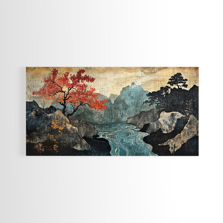 Autumn Mountain Lake Framed Canvas Print, Japanese Landscape Wall Art, Moody Nature Decor, Red Tree Japandi Wall Decor Gift