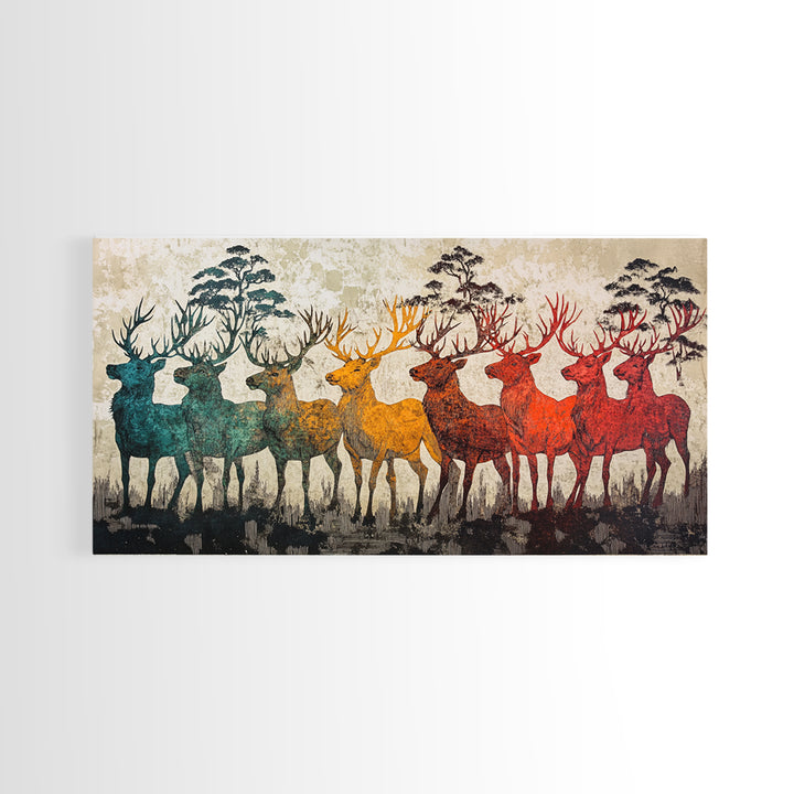 Rainbow Deer Silhouettes In Misty Pines Wall Art, Japanese Wildlife Canvas Print, Rustic Nature Decor, Large Living Room Art