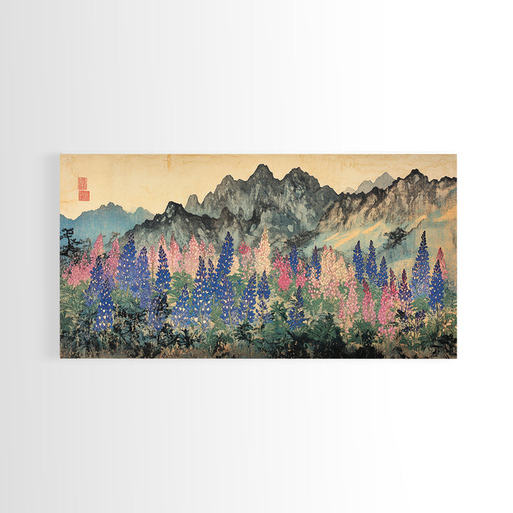 Colorful Lupine Meadow Below Ink Mountains Wall Art, Japanese Landscape Print, Botanical Home Decor, Large Living Room Wall Art