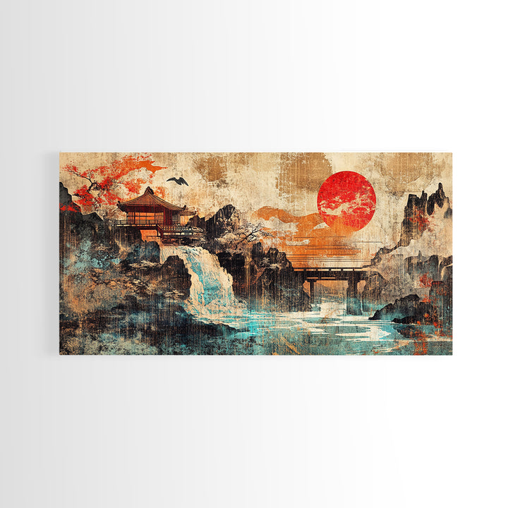 Red Sun Temple Waterfall Over Mountain Lake Wall Art, Japanese Landscape Canvas Print, Asian Zen Decor, Large Living Room Art