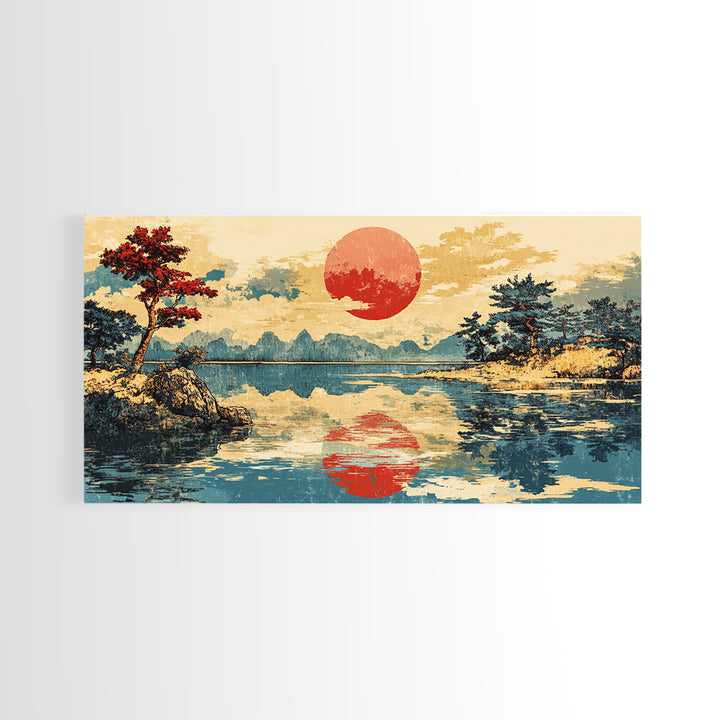 Red Sun Reflected On Serene Mountain Lake Wall Art, Japanese Landscape Canvas Print, Coastal Zen Decor, Large Living Room Art