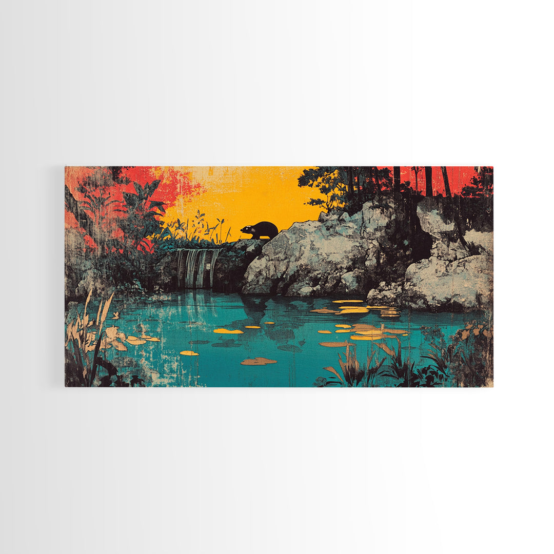Turquoise Jungle Waterfall At Sunset Wall Art, Tropical Landscape Canvas Print, Nature Decor, Large Horizontal Living Room Art