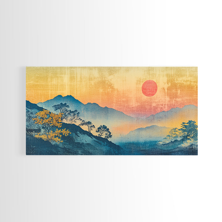 Misty Blue Mountains With Pink Sun Wall Art, Japanese Landscape Canvas Print, Minimalist Nature Decor, Large Bedroom Art