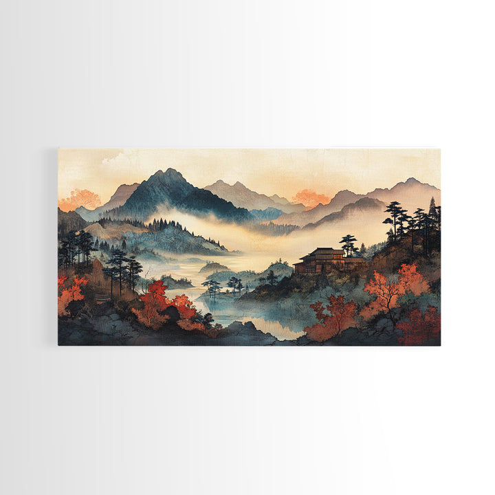 Misty Autumn Mountain Village Wall Art, Japanese Landscape Canvas Print, Moody Nature Home Decor, Large Living Room Wall Art