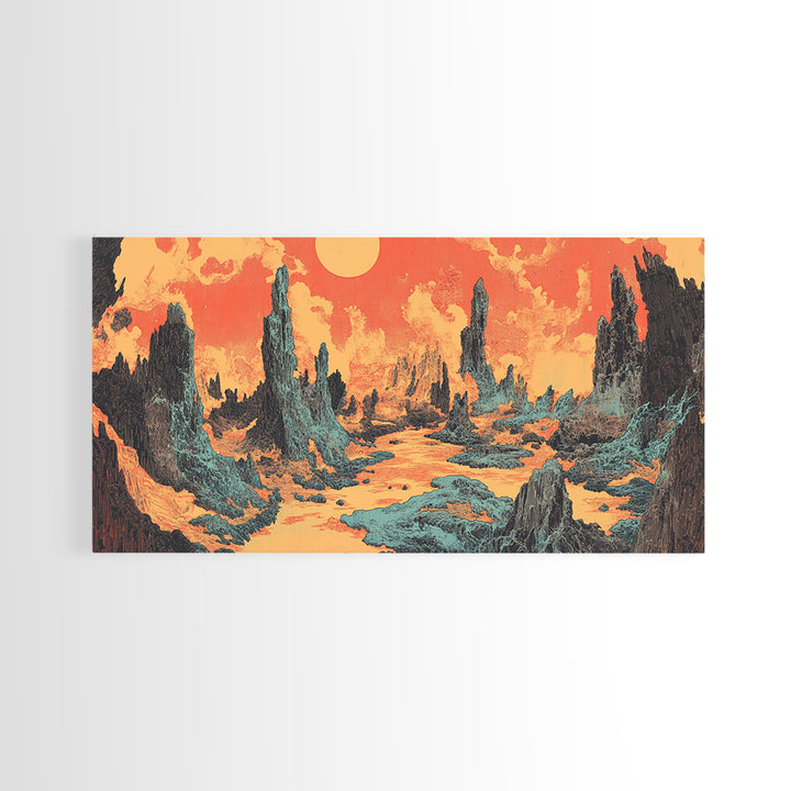 Alien Desert Spires Surreal Landscape Canvas Print, Sci Fi Wall Art, Retro Futuristic Decor, Gaming Room Poster Gift For Him