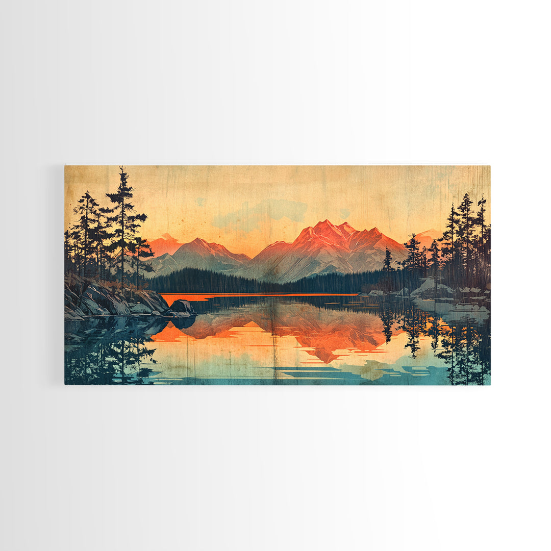 Sunset Alpine Lake Reflection Wall Art, Mountain Landscape Canvas Print, Rustic Cabin Decor, Large Living Room Art Gift For Him
