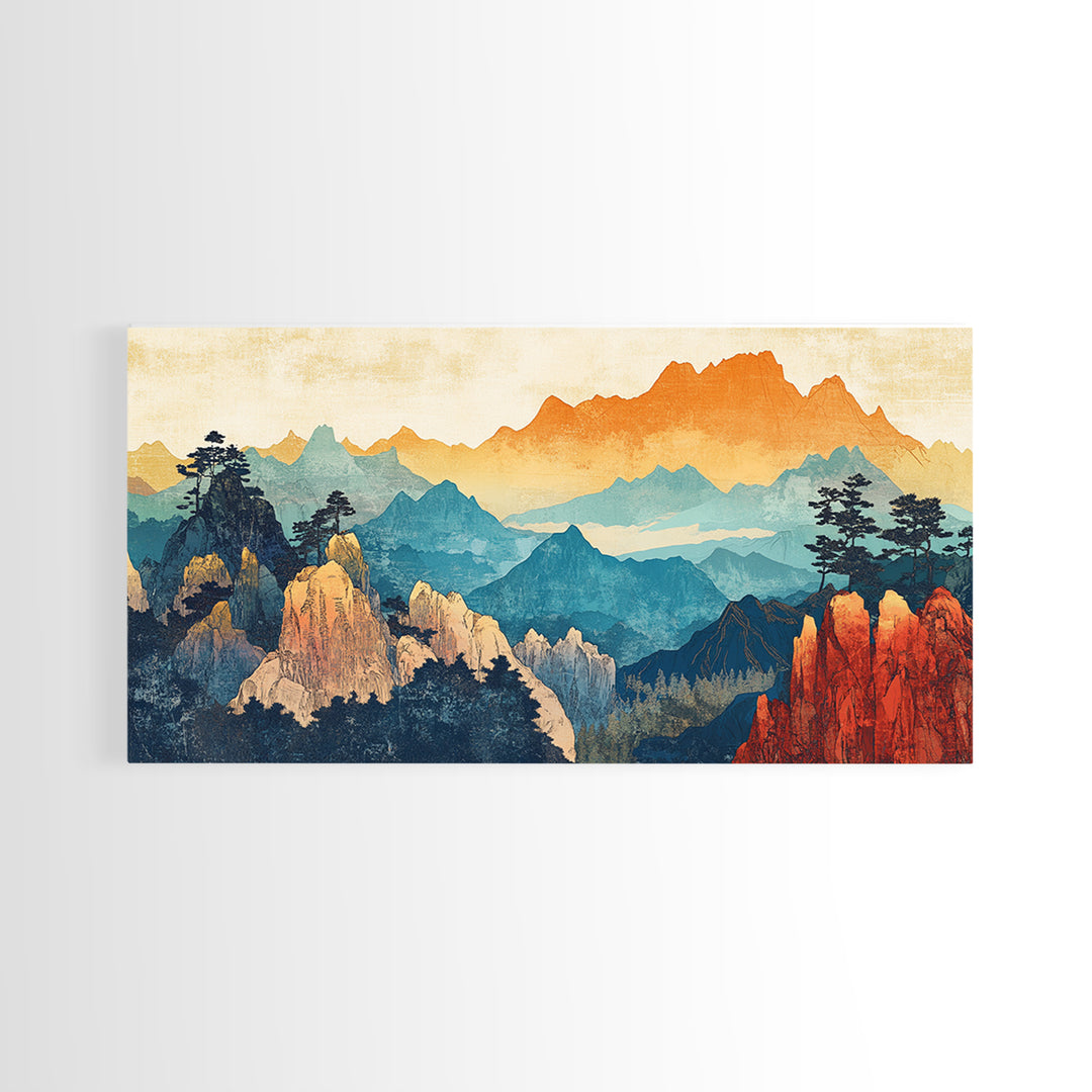 Layered Mountain Peaks Landscape Wall Art, Southwestern Nature Canvas Print, Boho Cabin Decor, Large Living Room Gift For Him