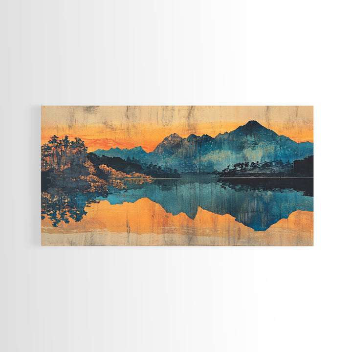 Moody Mountain Lake Reflection Wall Art, Blue Orange Landscape Canvas Print, Rustic Cabin Decor, Large Living Room Art Gift