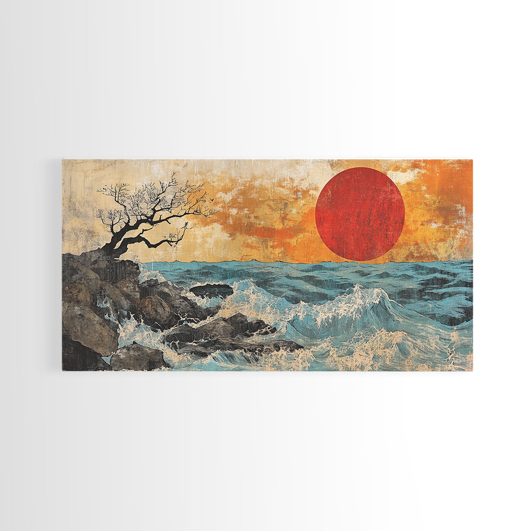 Rocky Ocean Red Sun Seascape Wall Art, Coastal Canvas Print, Japanese Style Wave Decor, Beach House Living Room Housewarming Gift