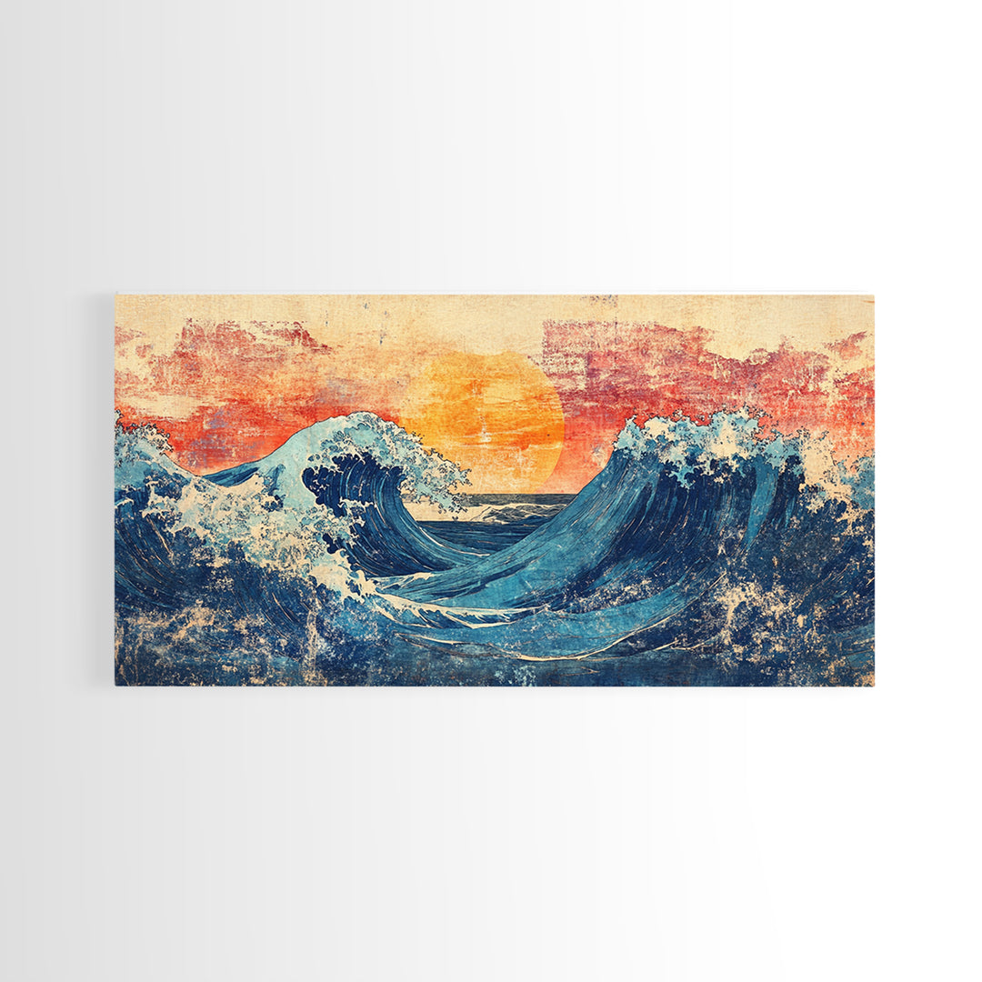 Sunset Ocean Waves, Japanese Seascape Canvas Print, Coastal Wall Art, Nautical Decor, Beach House Living Room Print, Housewarming Gift
