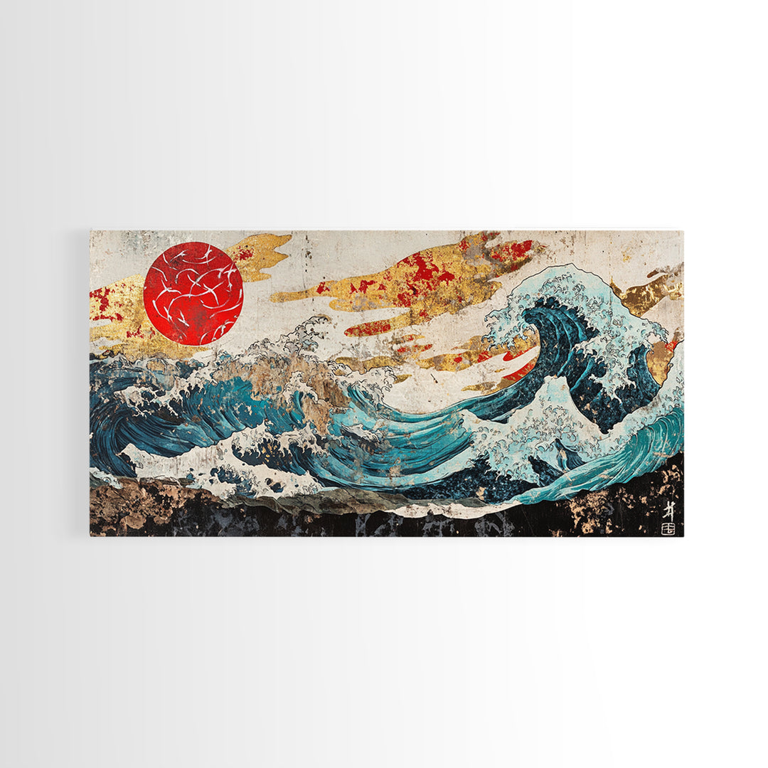 Red Sun Great Wave, Japanese Ocean Framed Canvas Print, Ukiyo E Wall Art, Coastal Decor, Large Living Room Statement Art