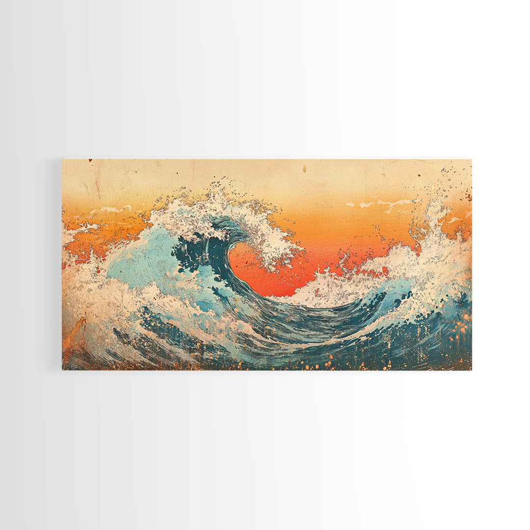 Curling Turquoise Wave, Orange Sky Canvas Print, Japanese Ocean Wall Art, Coastal Bathroom Decor, Beach House Gift, Living Room Decor