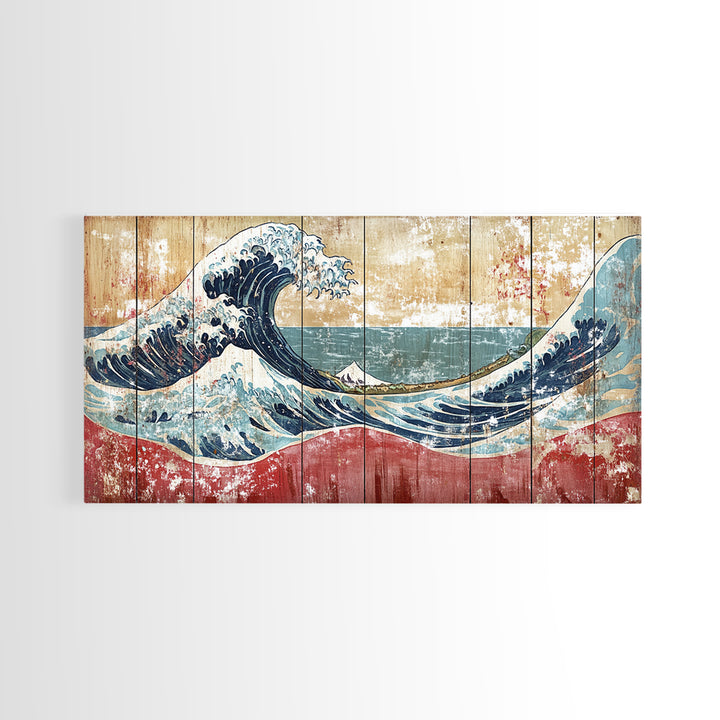 Great Wave Wood Panel, Mount Fuji Framed Canvas Print, Japanese Wall Art, Coastal Decor, Large Horizontal Living Room Art