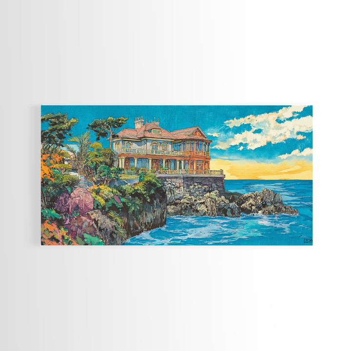 Clifftop Coastal Villa, Bright Seascape Wall Art, Italian Riviera Canvas Print, Ocean Decor, Travel Poster, Gift For Her, Housewarming Gift