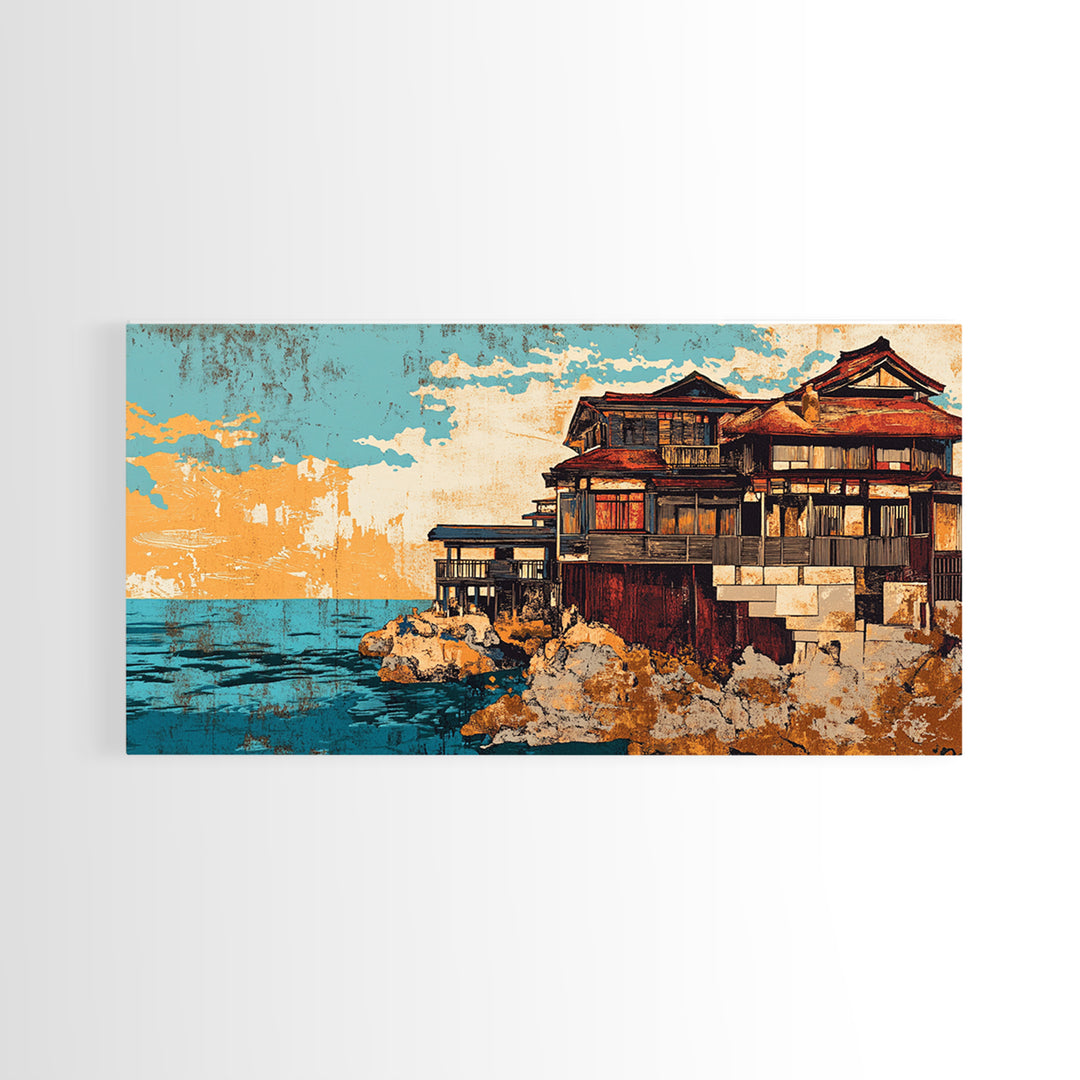 Japanese Seaside Ryokan, Sunset Architecture Wall Art, Coastal Canvas Print, Asian Decor, Ocean View Living Room Decor, Housewarming Gift