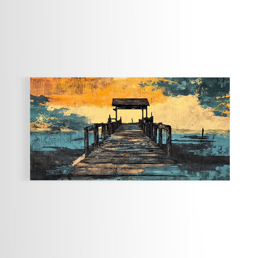 Weathered Pier At Sunset Canvas Print, Coastal Wall Decor, Nautical Beach House Art, Lake House Living Room Decor, Wide Wall Art
