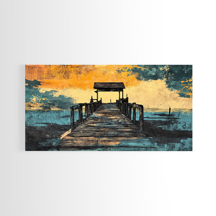 Weathered Pier At Sunset Canvas Print, Coastal Wall Decor, Nautical Beach House Art, Lake House Living Room Decor, Wide Wall Art