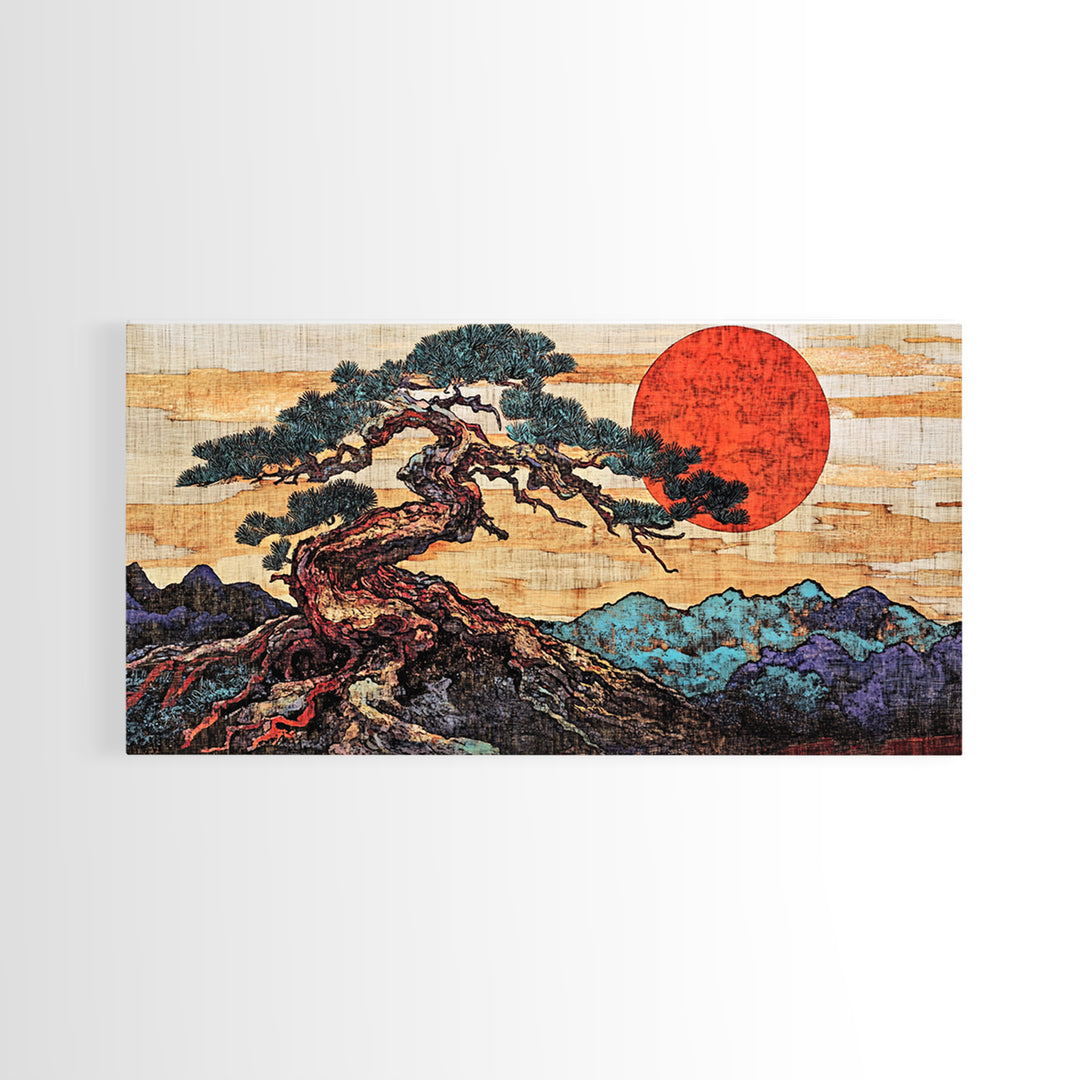 Twisted Bonsai Pine Red Sun Wall Art, Japanese Landscape Print, Japandi Decor, Zen Living Room Framed Canvas Print, Mountain Wall Decor