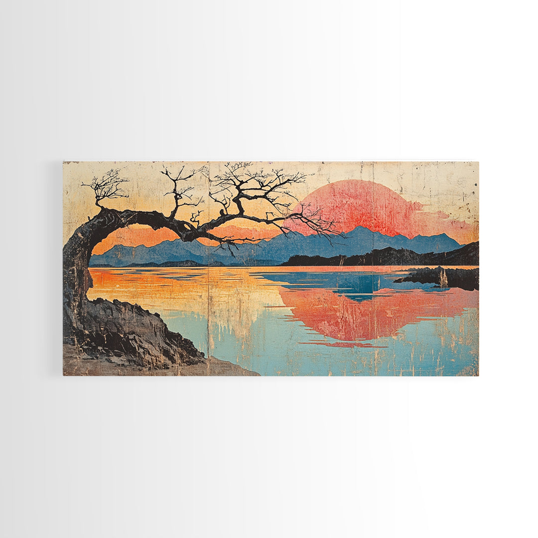 Bare Tree Lake Sunset Wall Art, Japanese Inspired Landscape Print, Serene Coastal Decor, Large Horizontal Canvas Print Art