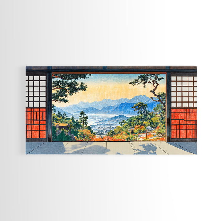 Japanese Shoji Window Mountain View Wall Art, Japandi Landscape Print, Zen Home Decor, Large Framed Canvas Print, Living Room Decor