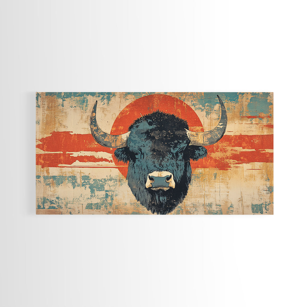 Bold Bison Portrait Red Sun Wall Art, Western Buffalo Print, Rustic Ranch Decor, Large Framed Canvas Print, Living Room Decor