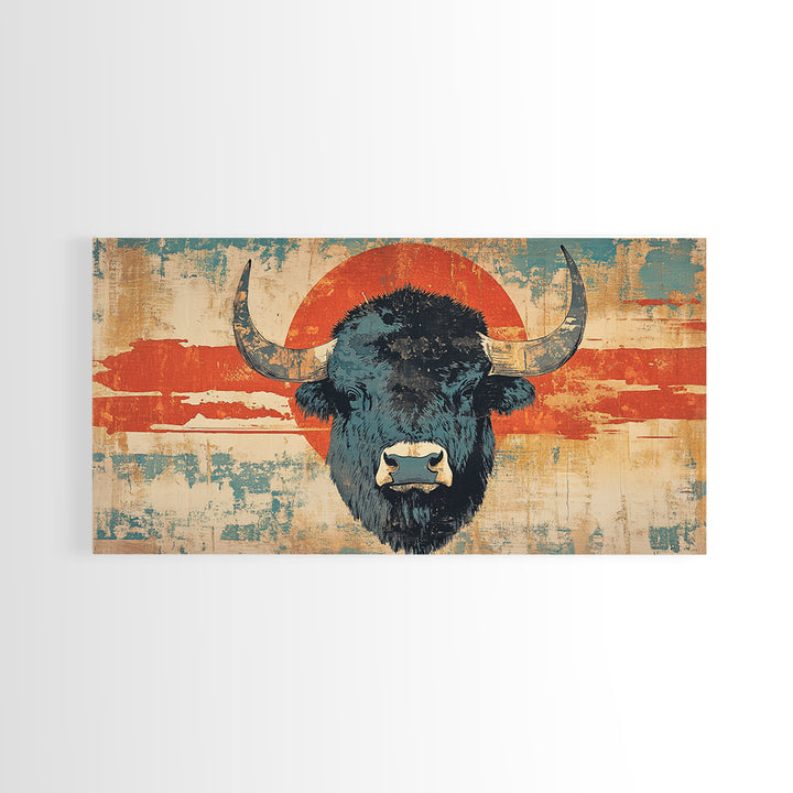 Bold Bison Portrait Red Sun Wall Art, Western Buffalo Print, Rustic Ranch Decor, Large Framed Canvas Print, Living Room Decor