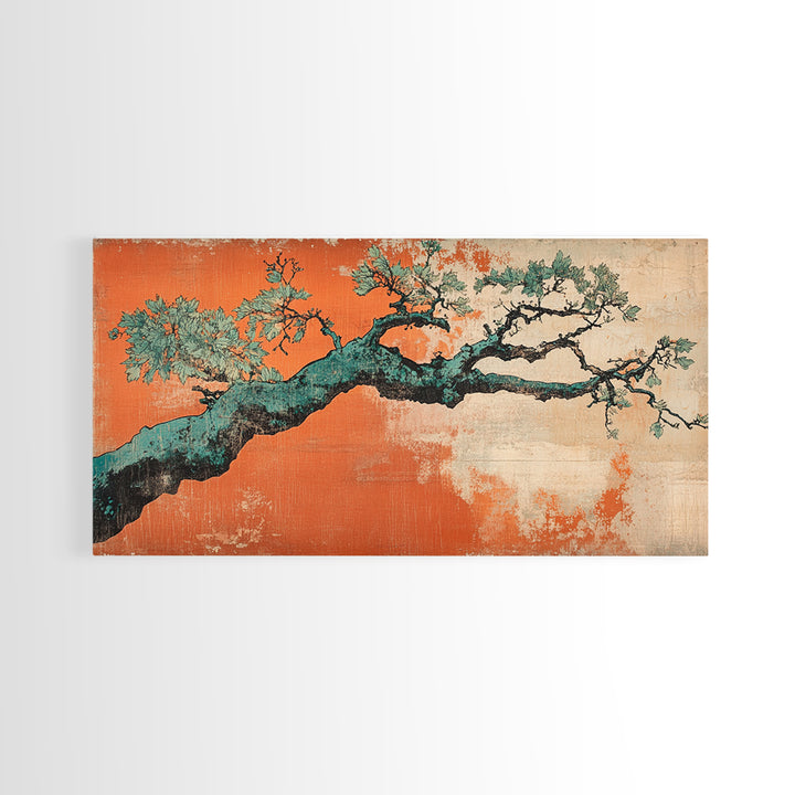 Twisted Pine Branch Wall Art, Japanese Botanical Canvas Print, Orange Teal Nature Decor, Japandi Living Room Wall Decor Gift