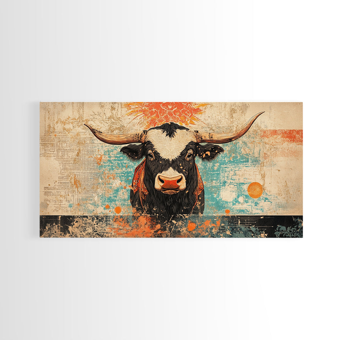 Bold Longhorn Cow Wall Art, Western Animal Canvas Print, Rustic Farmhouse Decor, Southwest Living Room Wall Decor Gift Idea