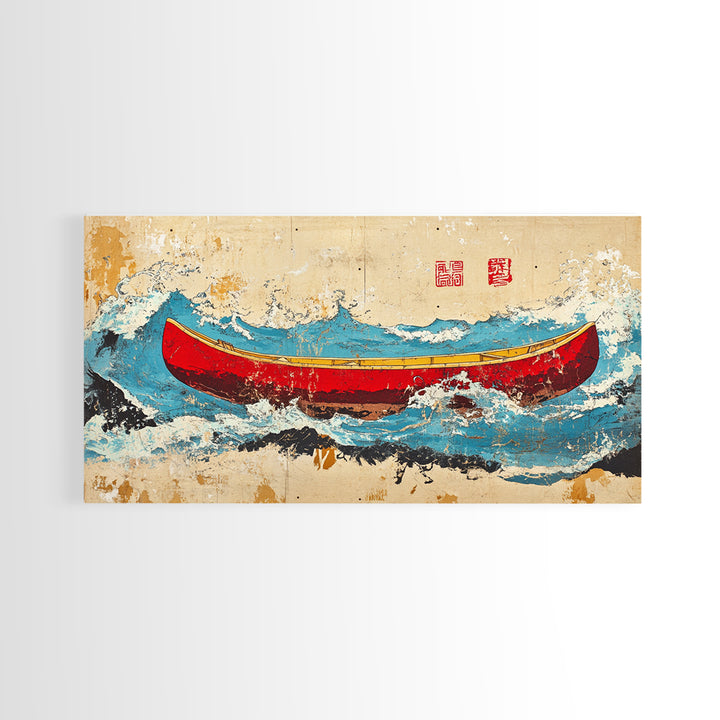 Red Canoe Ocean Waves Wall Art, Japanese Nautical Canvas Print, Coastal Adventure Decor, Beach House Wall Decor Gift Idea
