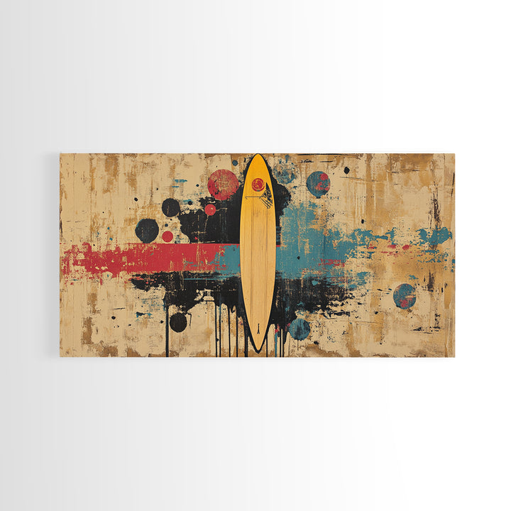 Yellow Surfboard Abstract Wall Art, Retro Beach Canvas Print, Mid Century Modern Decor, Surfer Living Room Wall Decor Gift