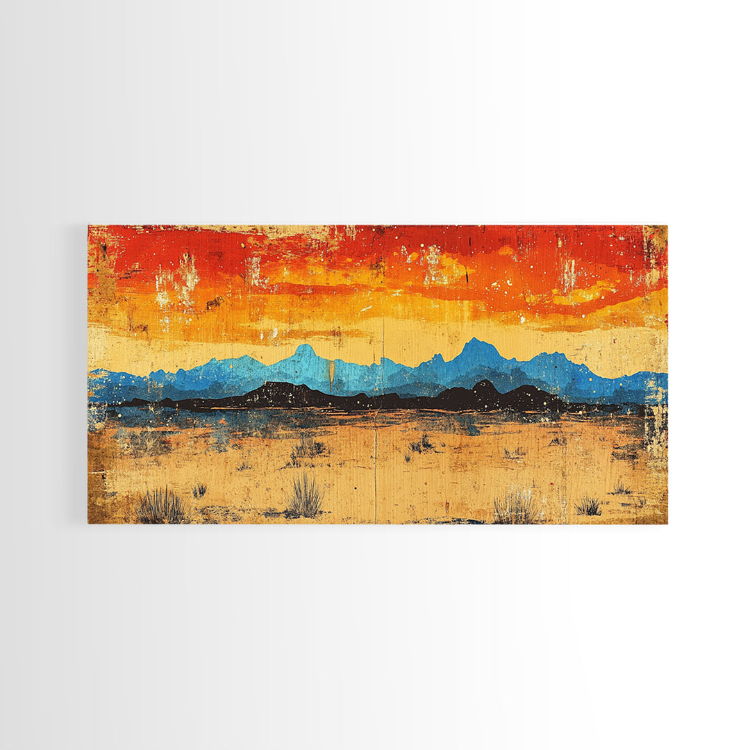 Blue Desert Mountain Wall Art, Fiery Sunset Landscape Canvas Print, Southwest Modern Decor, Above Sofa Wall Decor Gift Idea
