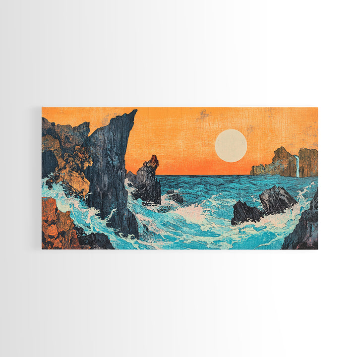 Rocky Ocean Sunset Seascape Wall Art, Japanese Coastal Canvas Wall Art, Beach House Decor, Large Horizontal Print, Ocean Wall Decor