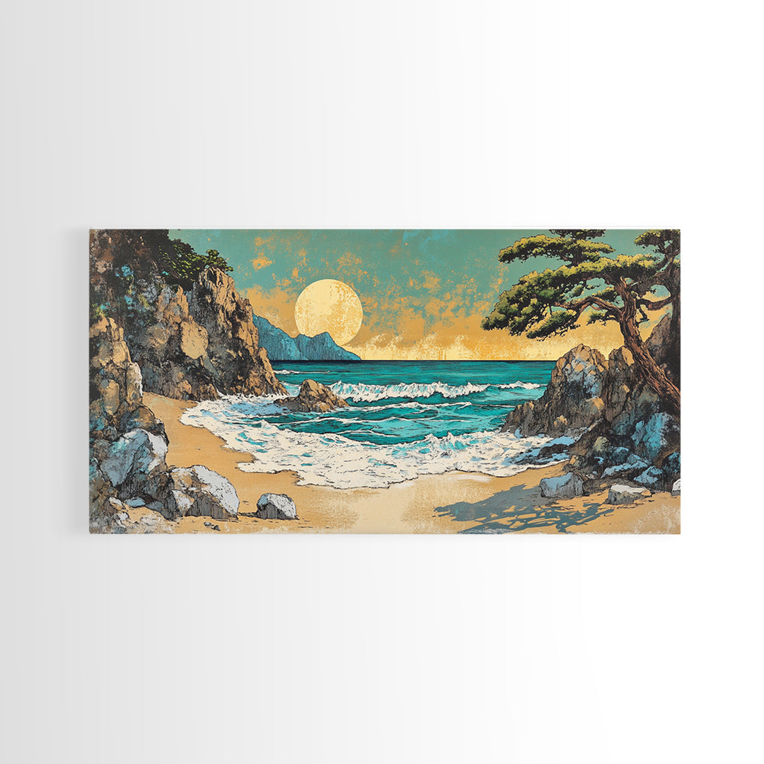 Rocky Cove Sunset Beach Wall Art, Japanese Coastal Landscape Art, Ocean Waves Canvas Print, Beach House Decor, Large Wall Art