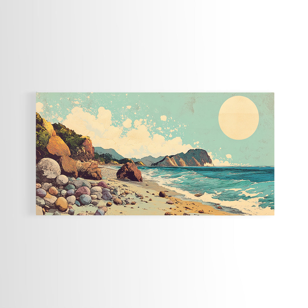 Sunny Rocky Beach Panorama Wall Art, Tropical Coastal Landscape, Ocean Waves Canvas Print, Beach House Decor, Large Horizontal Art