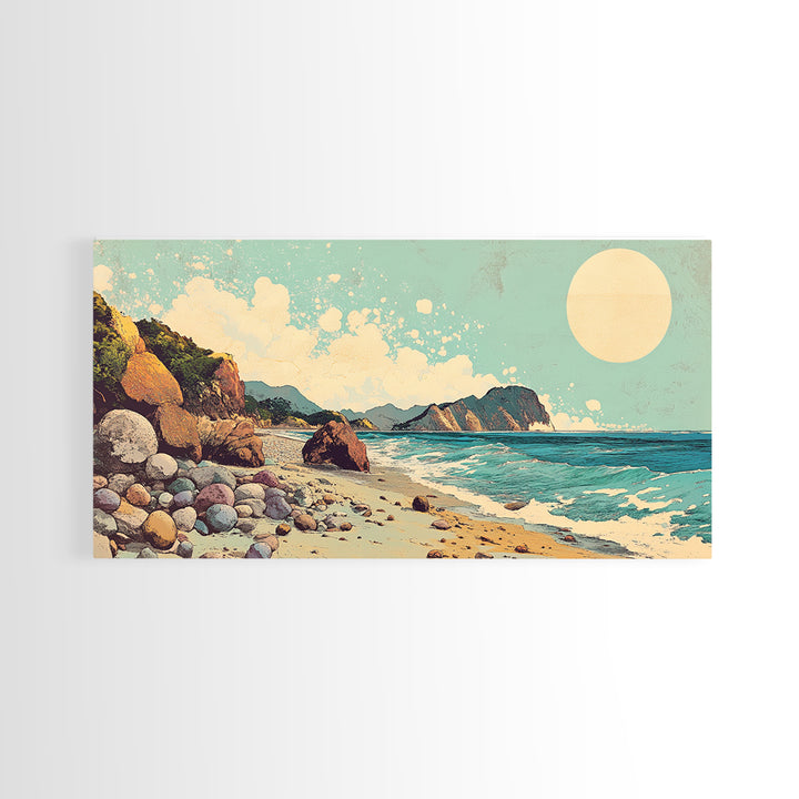 Sunny Rocky Beach Panorama Wall Art, Tropical Coastal Landscape, Ocean Waves Canvas Print, Beach House Decor, Large Horizontal Art