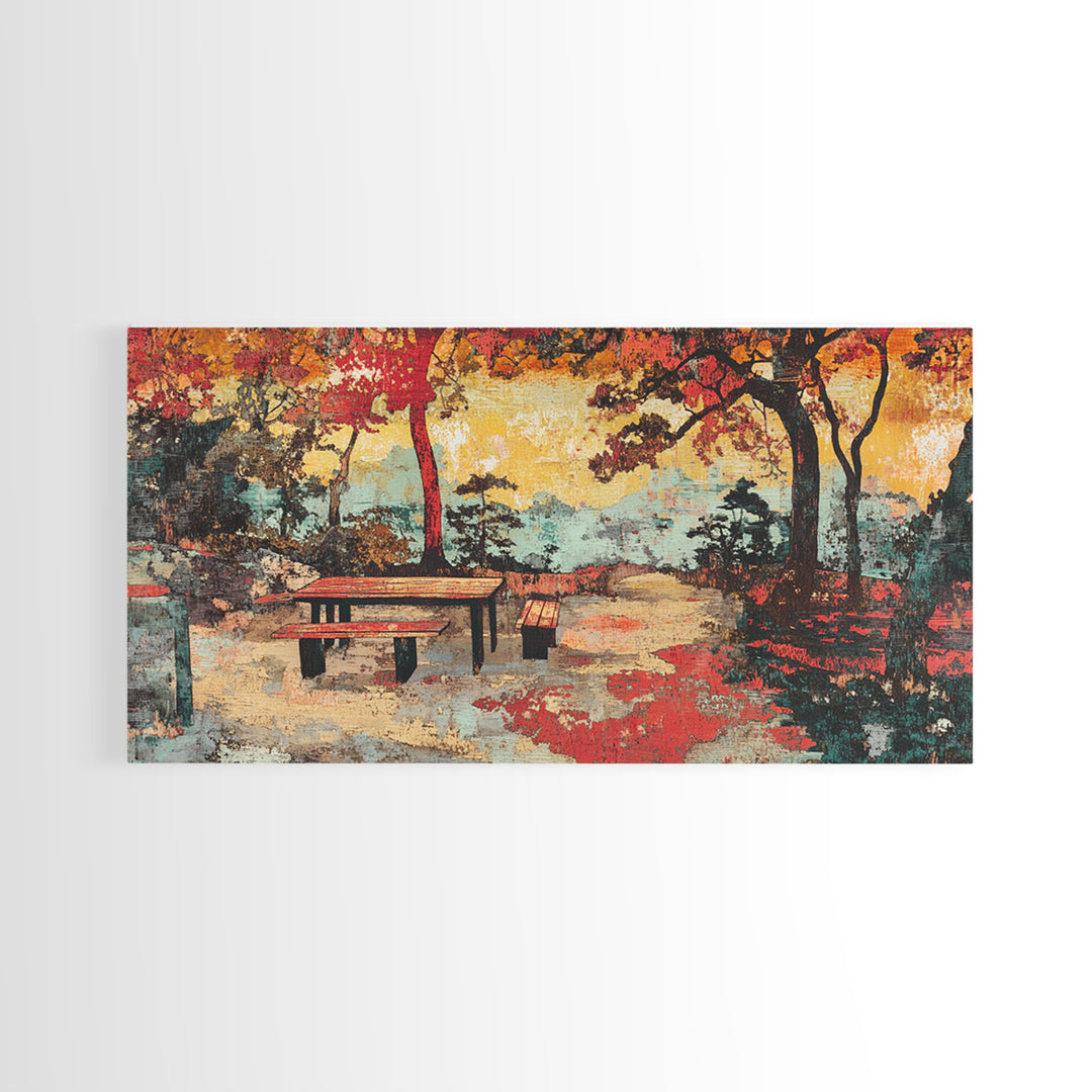 Autumn Park Bench Landscape Wall Art, Japanese Garden Scene, Fall Colors Canvas Print, Cozy Home Decor, Living Room Wall Art
