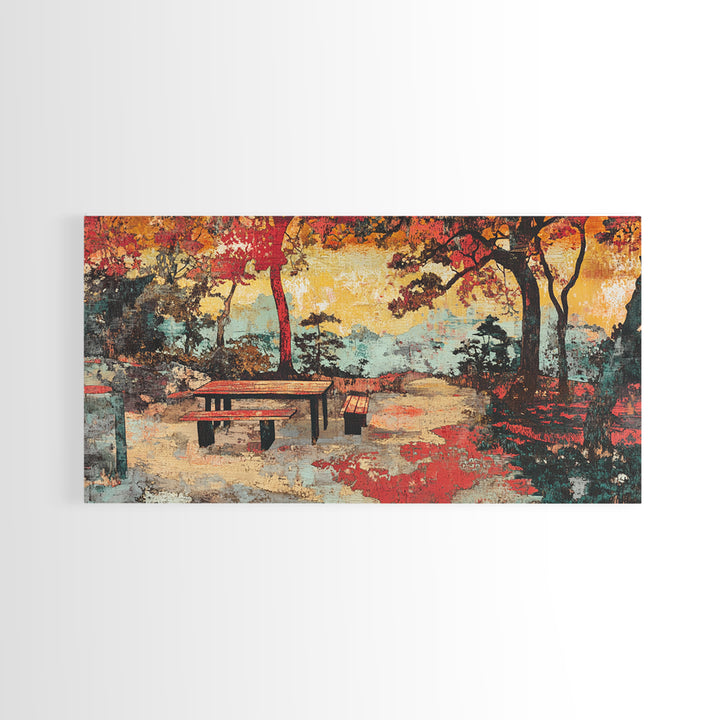 Autumn Park Bench Landscape Wall Art, Japanese Garden Scene, Fall Colors Canvas Print, Cozy Home Decor, Living Room Wall Art