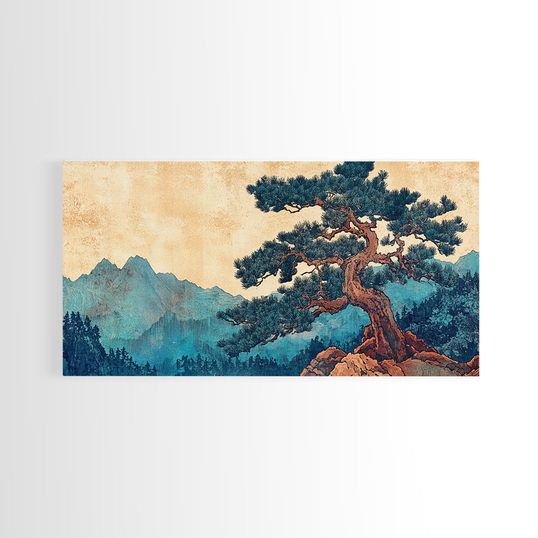 Ancient Pine Mountain Landscape Wall Art, Japanese Nature Canvas Print, Blue Forest Decor, Japandi Wall Art, Large Horizontal Print