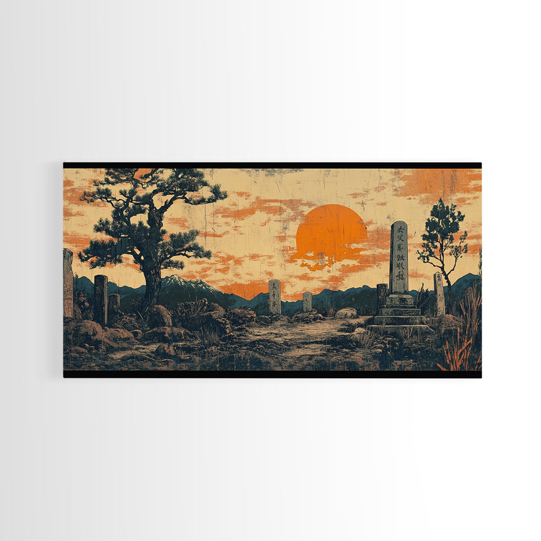 Moody Graveyard Sunset Wall Art, Japanese Cemetery Landscape, Dark Academia Canvas Print, Gothic Decor, Large Horizontal Art