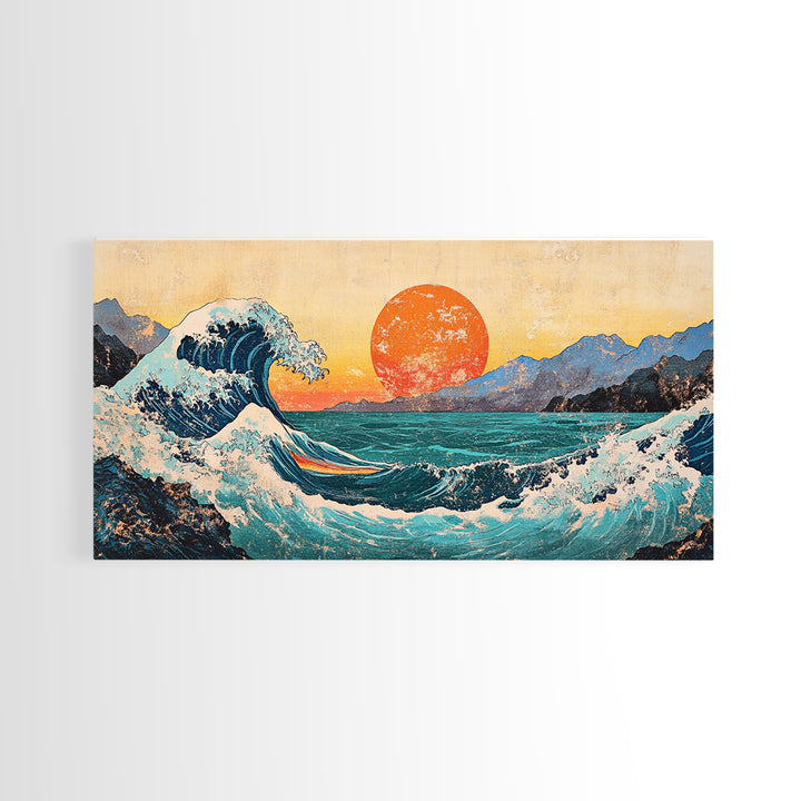 Great Wave With Orange Sun Canvas Print, Japanese Ocean Wall Art, Coastal Landscape Decor For Living Room Above Sofa Housewarming Gift