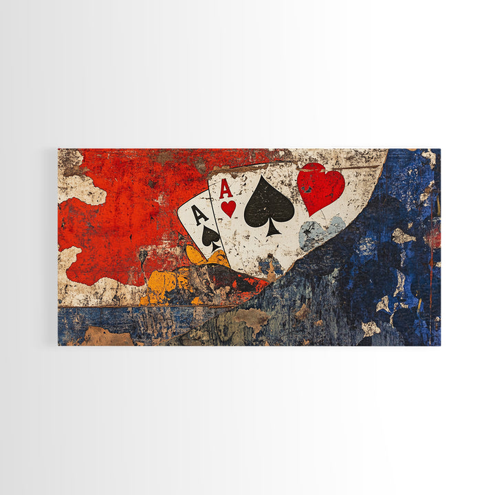 Grunge Ace Playing Cards Wall Art, Retro Poker Canvas Print, Game Room Decor For Man Cave, Casino Gift For Him Housewarming