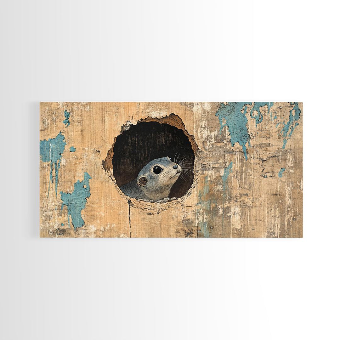 Curious Seal Peeking From Weathered Wall Art, Cute Coastal Animal Canvas Print, Nautical Bathroom Decor Gift For Ocean Lover