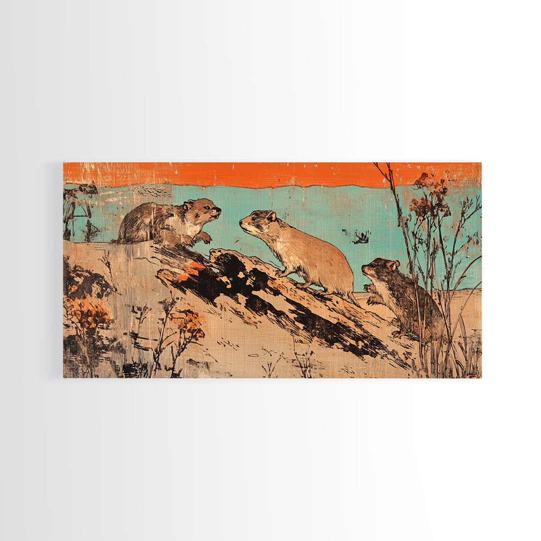 Playful Otters On Driftwood Wall Art, Rustic Wildlife Canvas Print, Woodland Animal Decor For Cabin Living Room Housewarming Gift