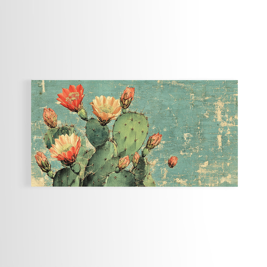 Blooming Prickly Pear Cactus Wall Art, Southwest Desert Canvas Print, Botanical Boho Home Decor Gift For Her Living Room