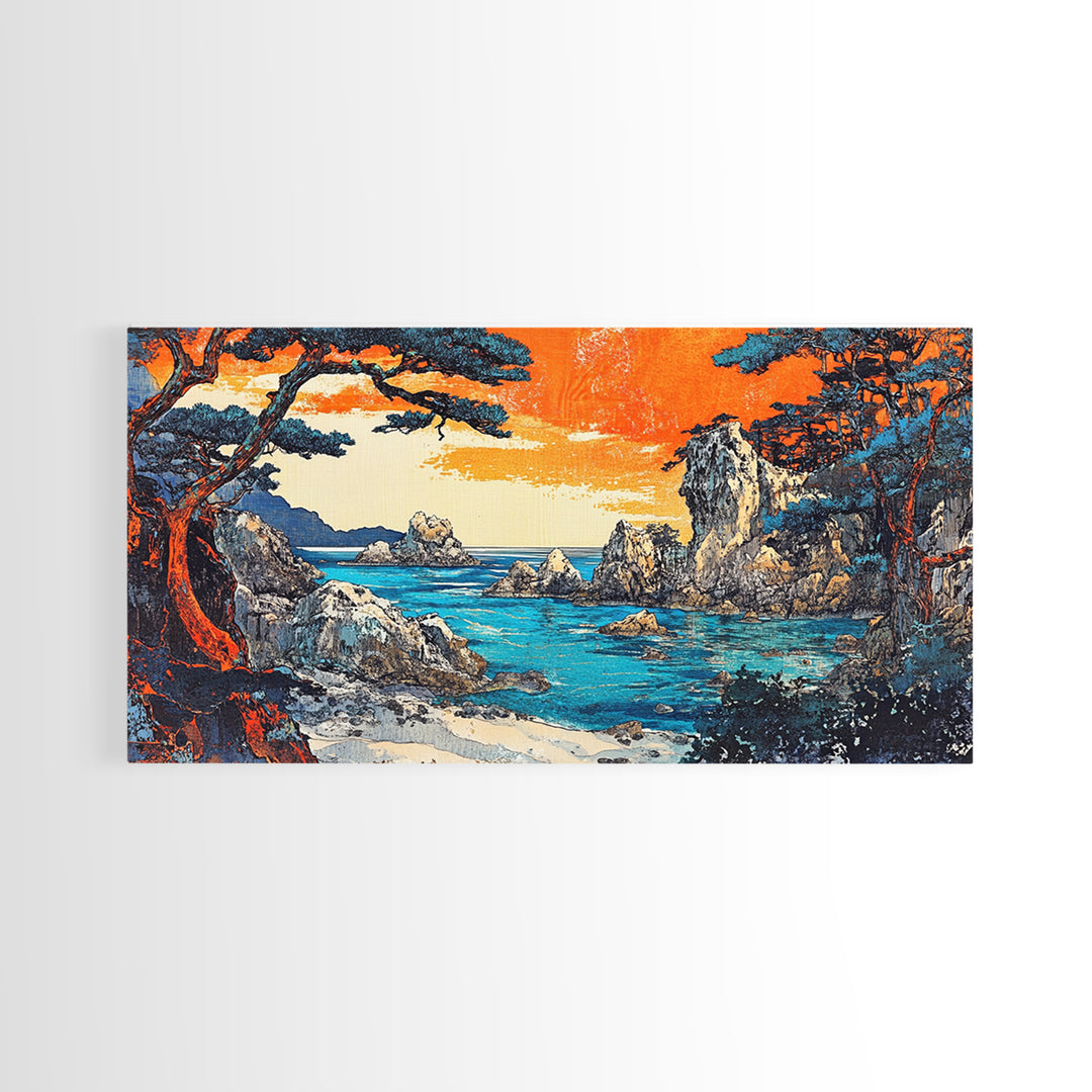 Orange Sunset Rocky Cove Seascape Canvas Print, Coastal Wall Art, Ocean Landscape Art For Living Room Decor, Beach House Decor