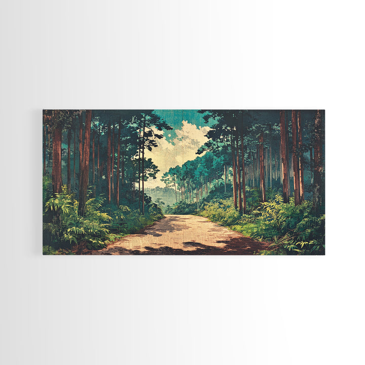 Sunlit Pine Forest Path Canvas Print, Nature Wall Art, Forest Wall Decor, Japandi Wall Art For Entryway And Office Decor