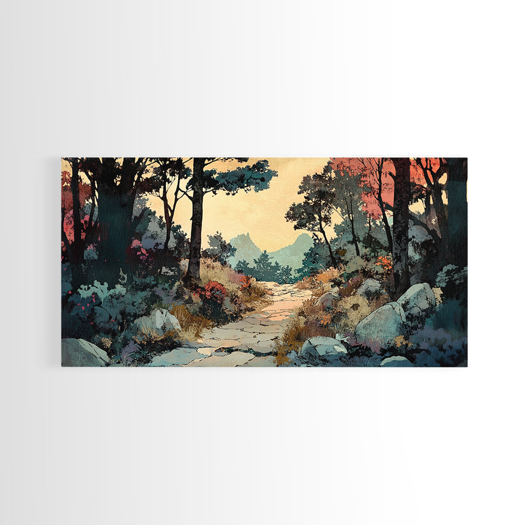 Autumn Woodland Trail Landscape Canvas Print, Rustic Wall Art, Nature Wall Decor, Moody Forest Art For Cozy Bedroom Decor