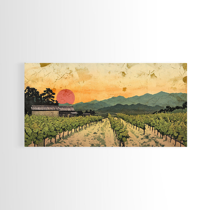 Sunset Vineyard Rows And Mountains Canvas Print, Winery Wall Art, Wine Country Decor, Rustic Landscape Art For Dining Room