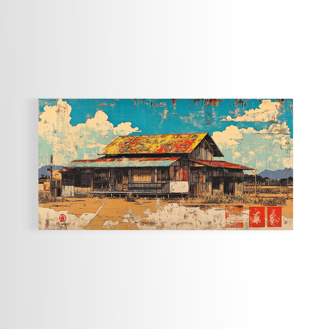 Rustic Weathered Barn Under Blue Sky Framed Canvas Print, Farmhouse Wall Art, Country Landscape, Warm Rural Home Decor Print
