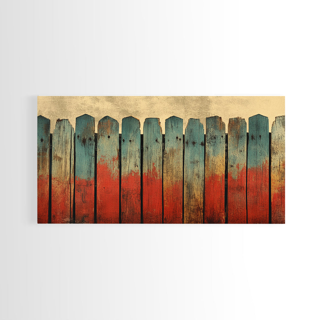 Weathered Teal And Red Wood Fence Canvas Print, Rustic Wall Art, Abstract Farmhouse Decor, Bold Country Wall Decor, Home Decor